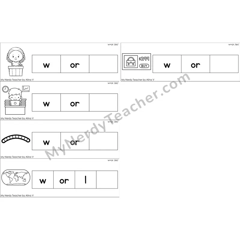 w + or (R-Controlled /er/) Missing Ending Sounds Word Cards (Black and White)