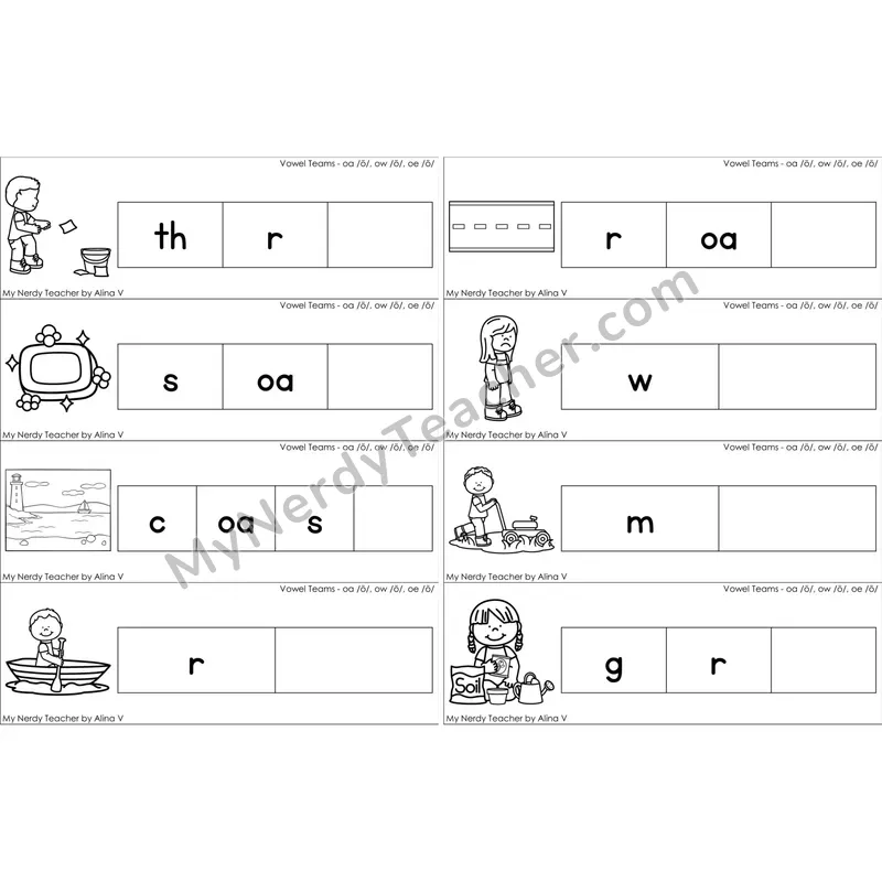 oa, ow, oe Vowel Team Missing Ending Sounds Word Cards (Black and White)