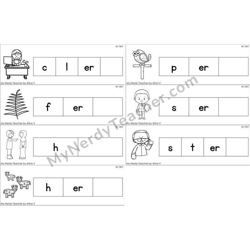 er (R-Controlled) Missing Ending Sounds Word Cards (Black and White)