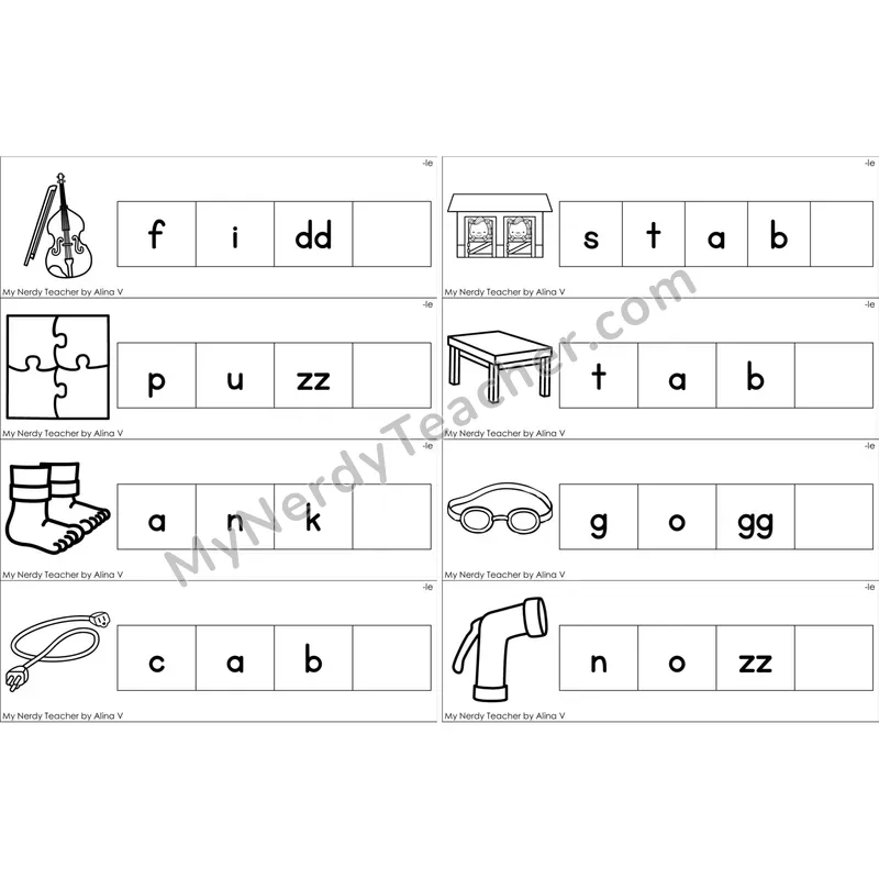 Consonant -le Missing Ending Sounds Word Cards (Black and White)