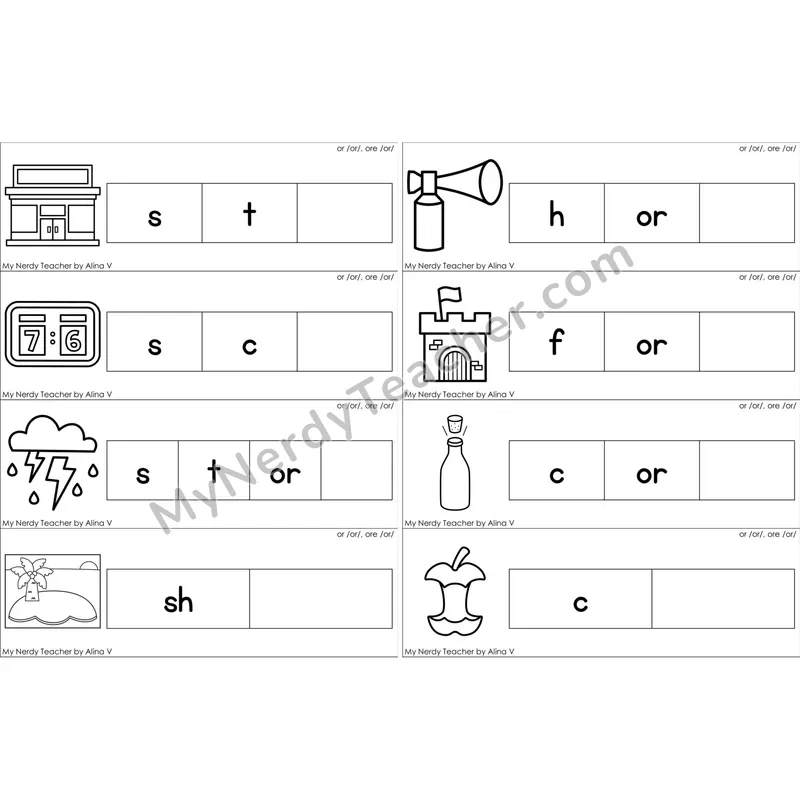 or, ore (R-Controlled) Missing Ending Sounds Word Cards (Black and White)