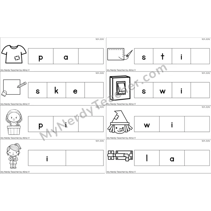 tch Trigraph Missing Ending Sounds Word Cards (Black and White)