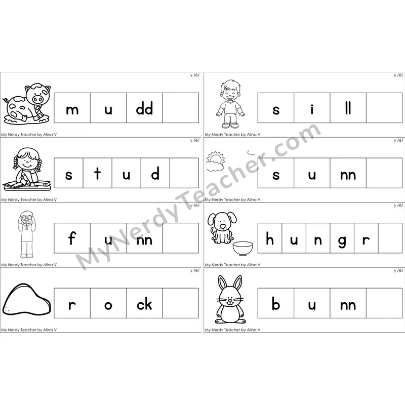 y as Long E Missing Ending Sounds Word Cards (Black and White)