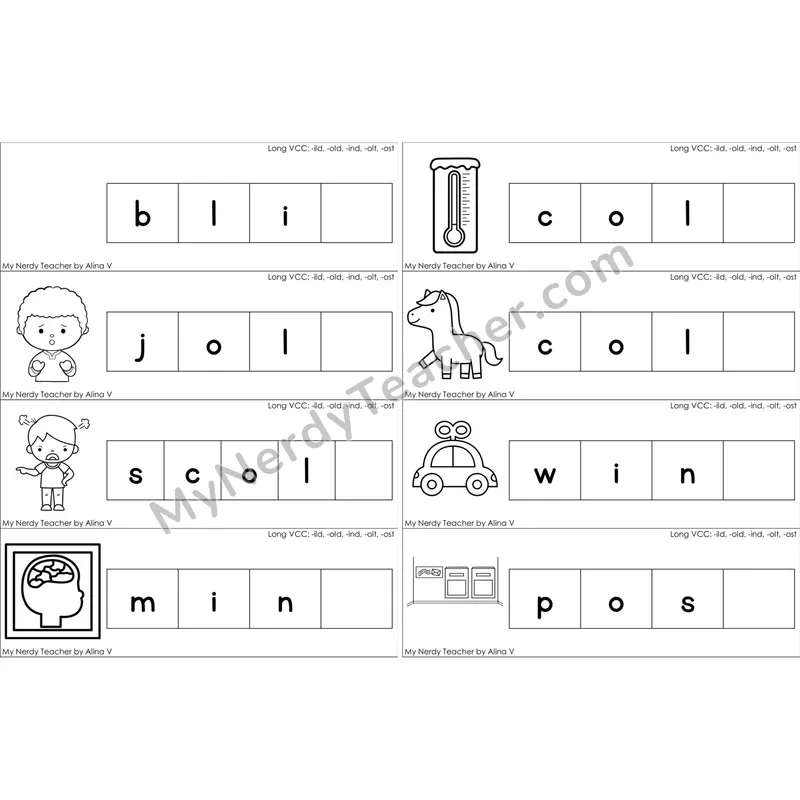 Long VCC (-ild, -old, -ind, -olt, -ost) Missing Ending Sounds Word Cards (Black and White)