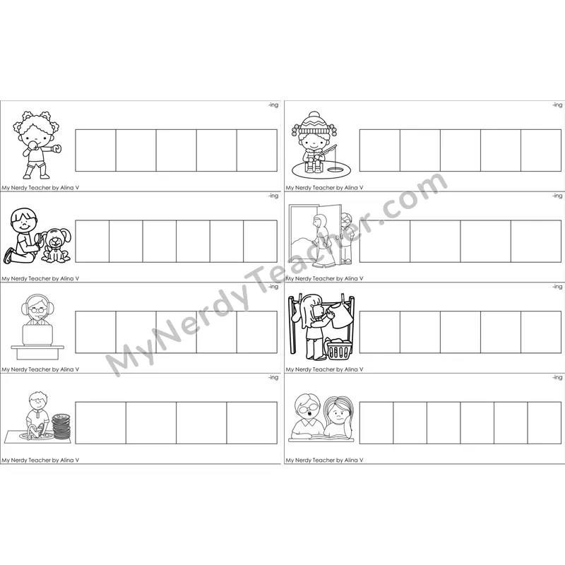 Inflectional -ing Missing Ending Sounds Word Cards (Black and White)