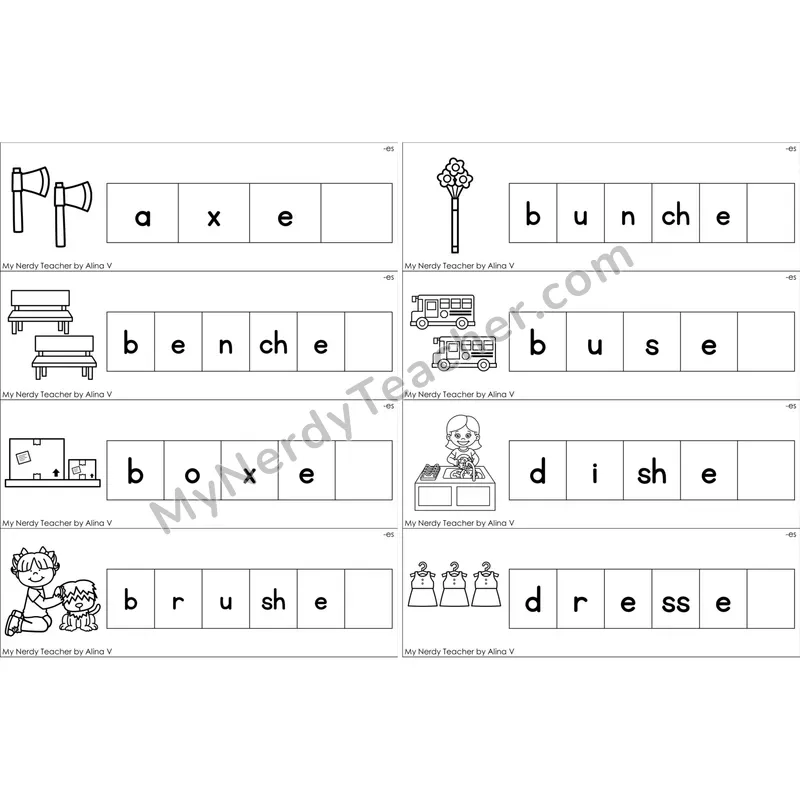 Inflectional -es Missing Ending Sounds Word Cards (Black and White)