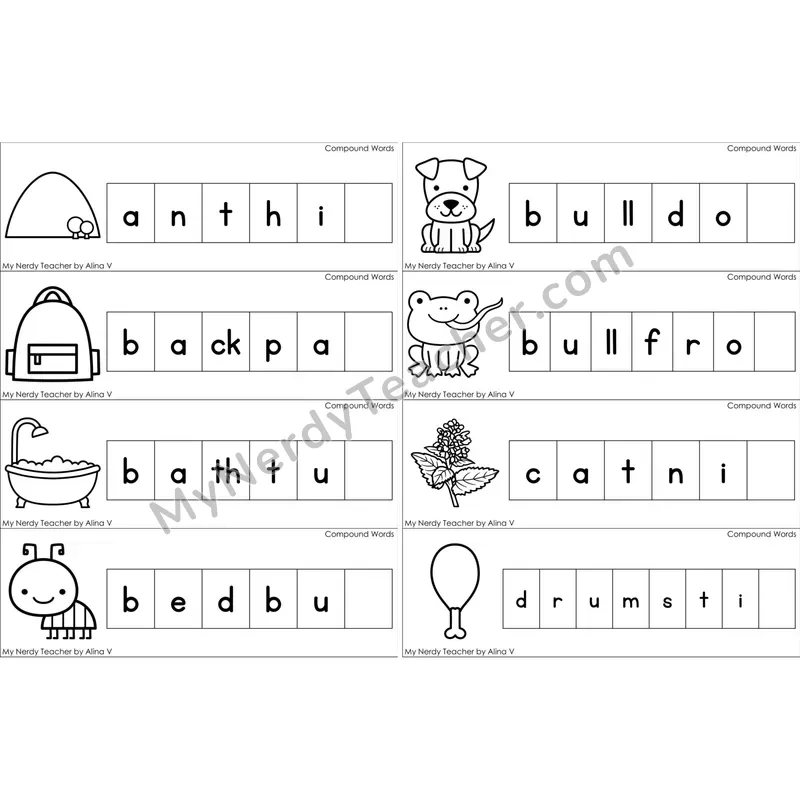 Compound Words Missing Ending Sounds Word Cards (Black and White)