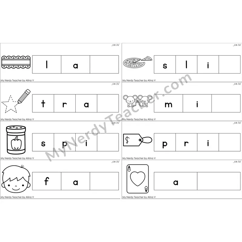 Soft C (_ce) Missing Ending Sounds Word Cards (Black and White)