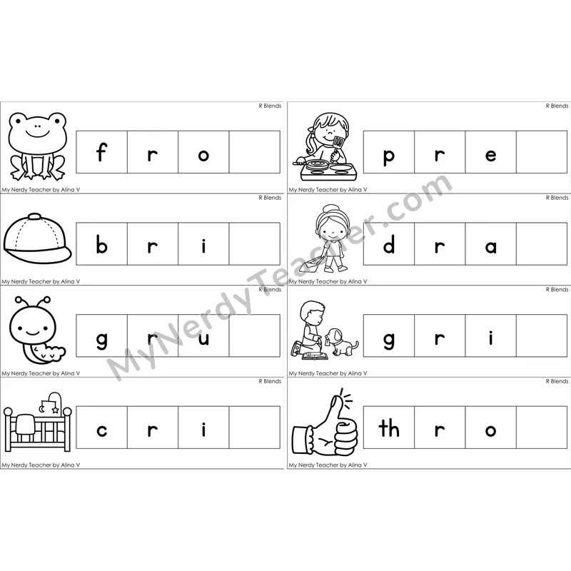 R Blends Missing Ending Sounds Word Cards (Black and White)