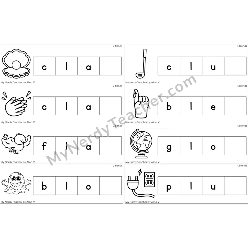 L Blends Missing Ending Sounds Word Cards (Black and White)