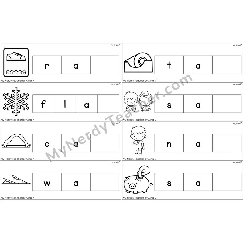 a_e (Long A VCe) Missing Ending Sounds Word Cards (Black and White)