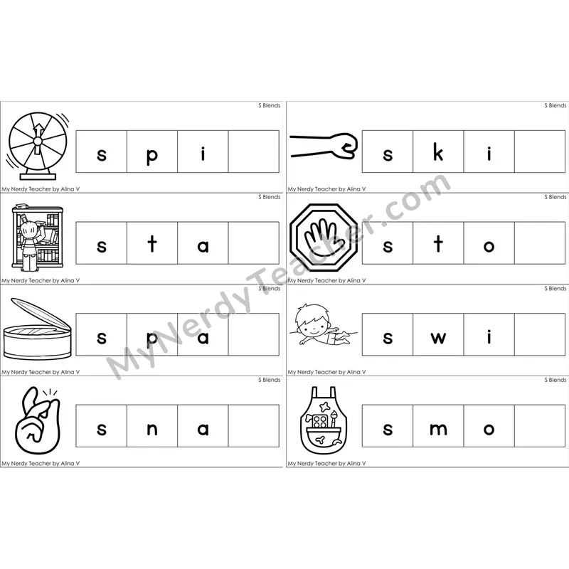 S Blends Missing Ending Sounds Word Cards (Black and White)
