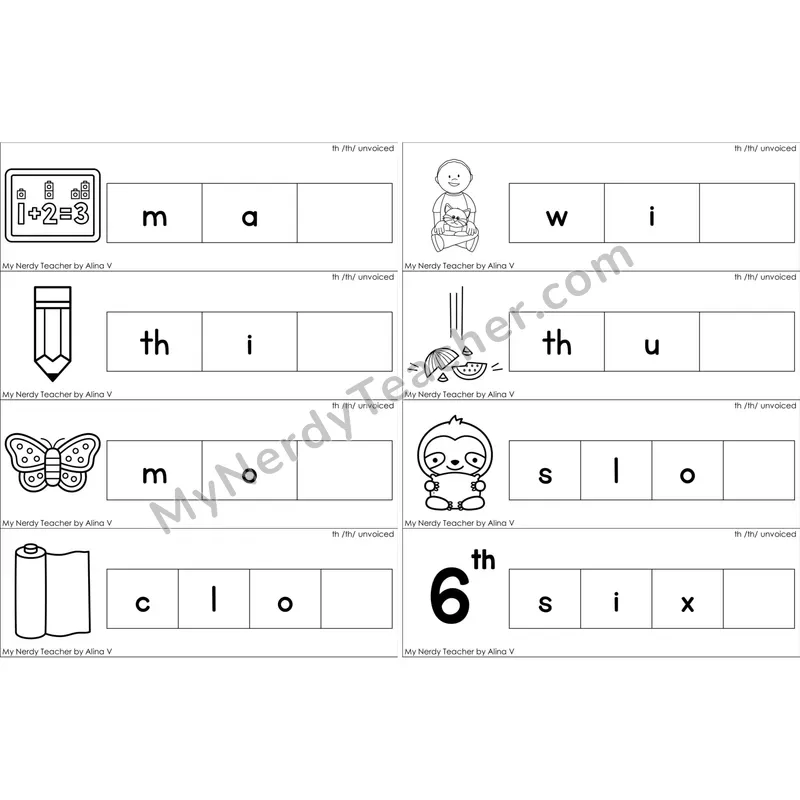 Unvoiced th Digraph Missing Ending Sounds Word Cards (Black and White)