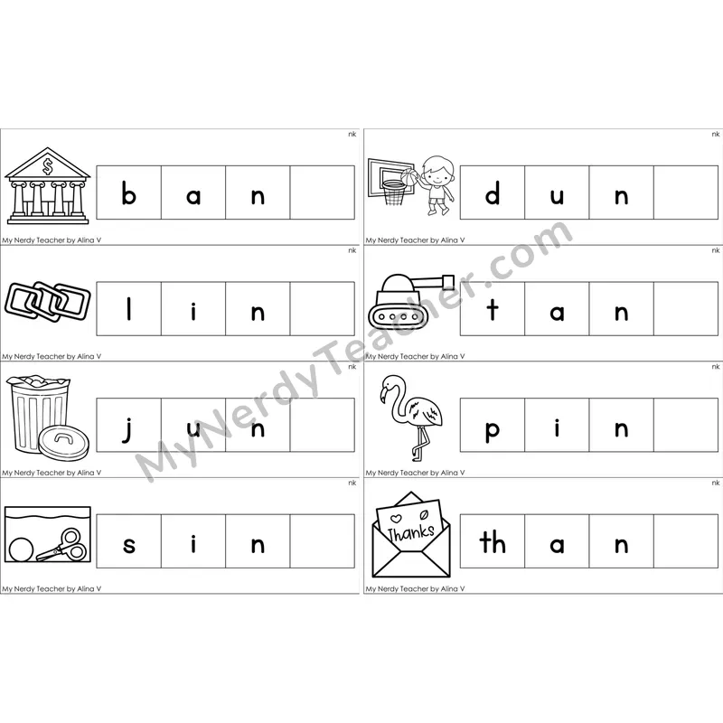 nk Glued Sound Missing Ending Sounds Word Cards (Black and White)