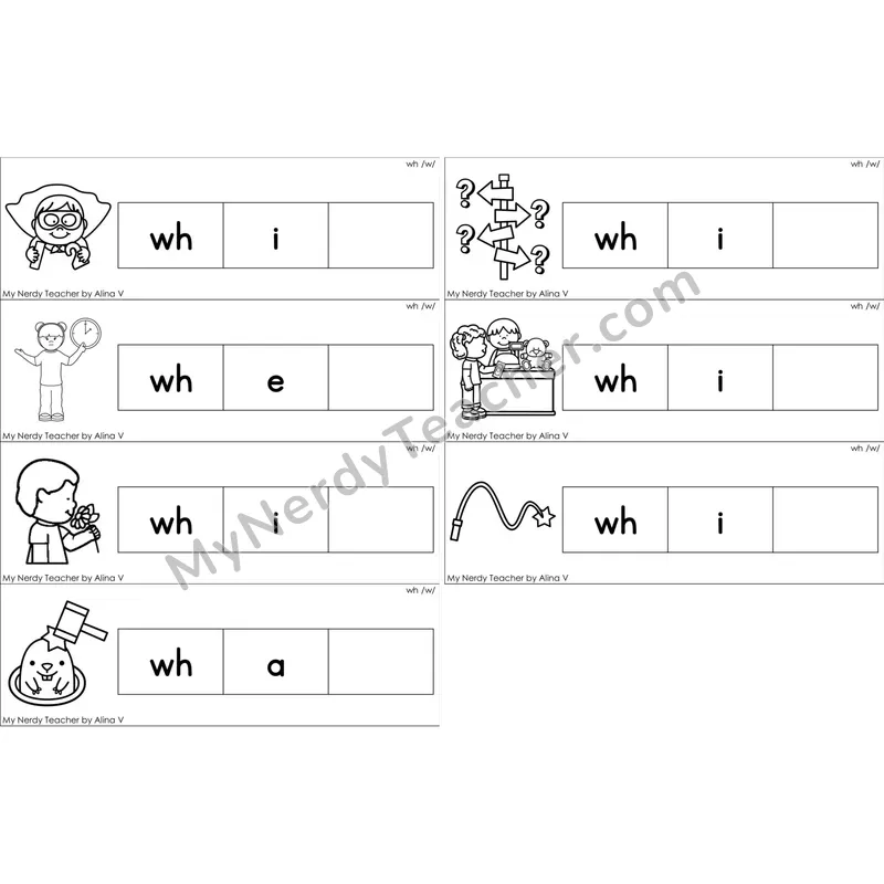 wh Digraph Missing Ending Sounds Word Cards (Black and White)