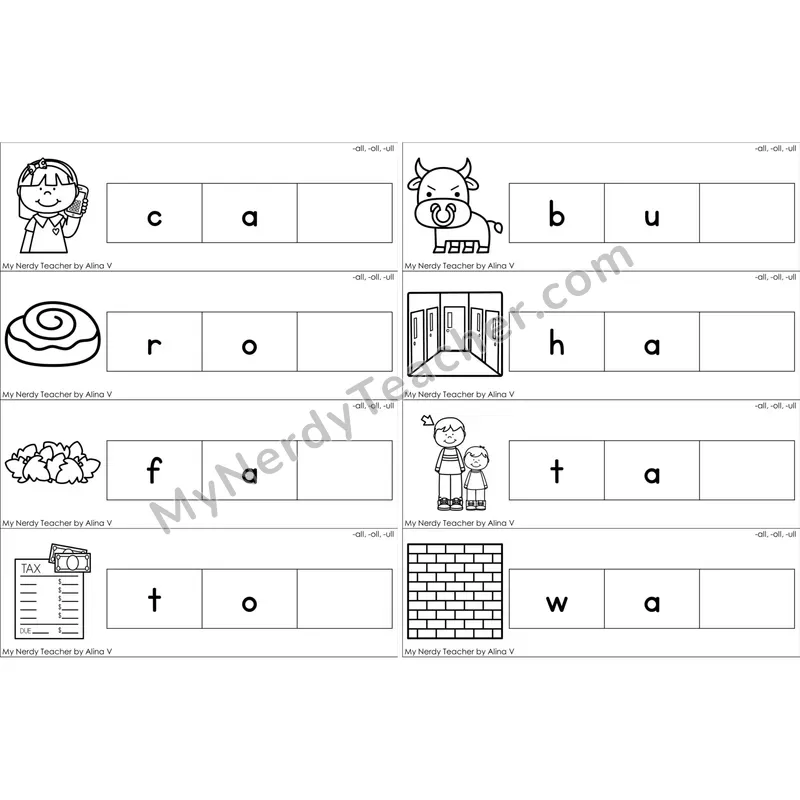 Glued Sounds -all, -oll, -ull Missing Ending Sounds Word Cards (Black and White)