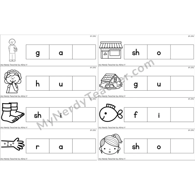 sh Digraph Missing Ending Sounds Word Cards (Black and White)