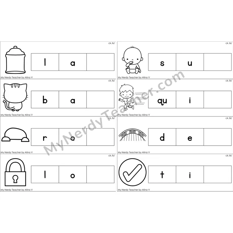 ck Digraph Missing Ending Sounds Word Cards (Black and White)