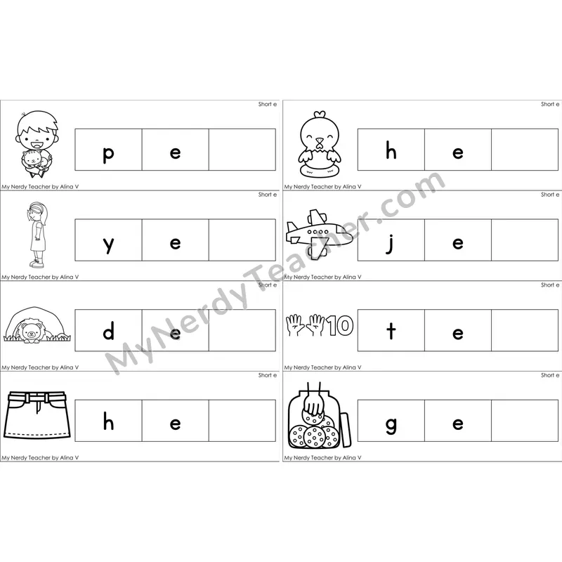 Short E Missing Ending Sounds Word Cards (Black and White)