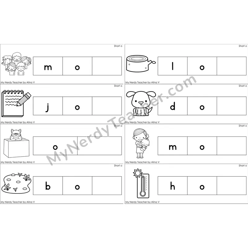 Short O Missing Ending Sounds Word Cards (Black and White)