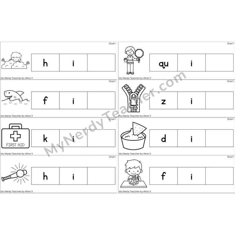 Short I Missing Ending Sounds Word Cards (Black and White)