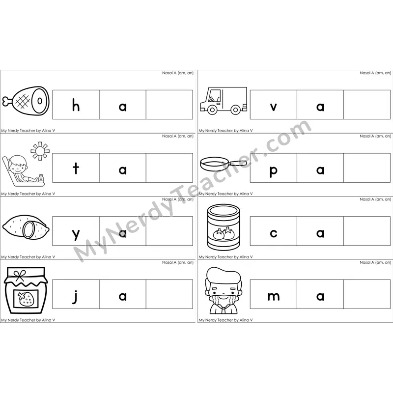 Nasalized A (am, an) Missing Ending Sounds Word Cards (Black and White)