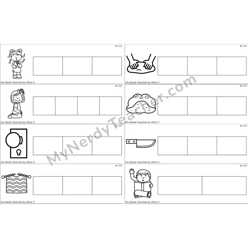 Silent kn Blending and Segmenting Clip Cards (Black and White)