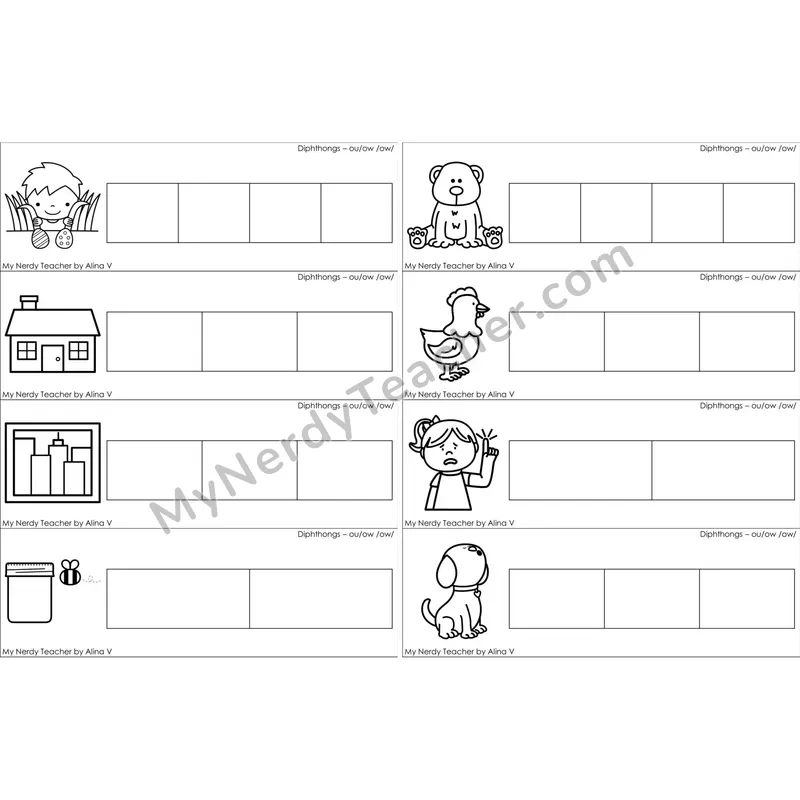 ou, ow Diphthong Blending and Segmenting Clip Cards (Black and White)