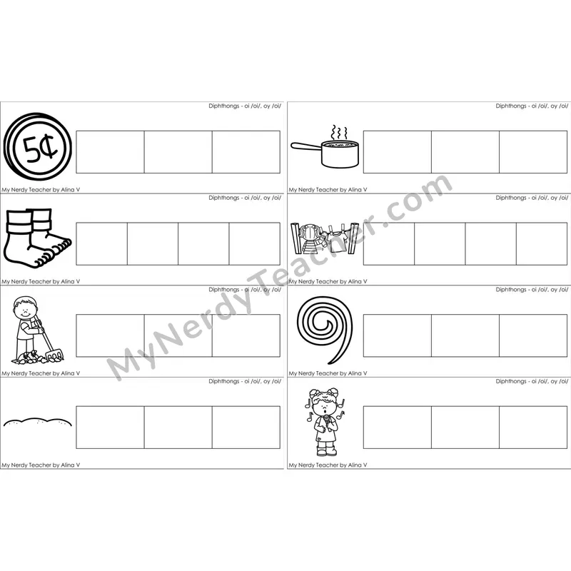 oi, oy Diphthong Blending and Segmenting Clip Cards (Black and White)