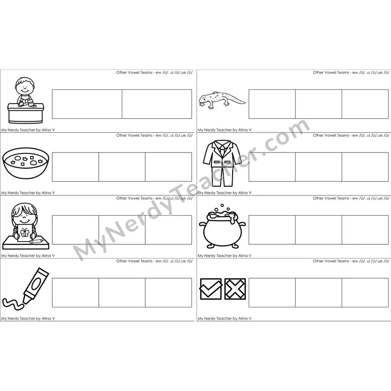 ew, ui, ue Vowel Team Blending and Segmenting Clip Cards (Black and White)
