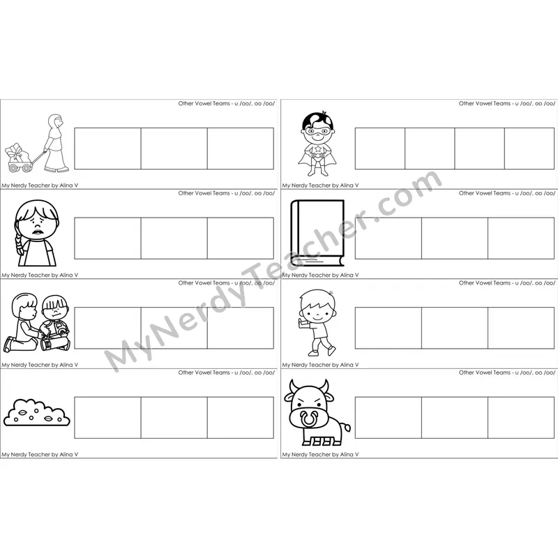 oo (long oo sound) Blending and Segmenting Clip Cards (Black and White)