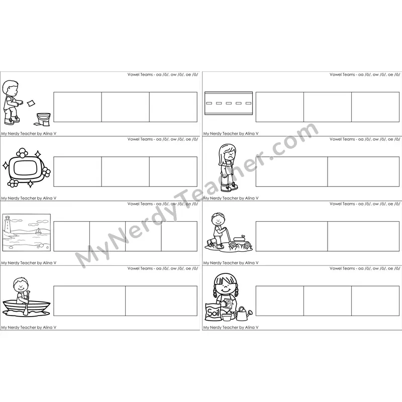 oa, ow, oe Vowel Team Blending and Segmenting Clip Cards (Black and White)