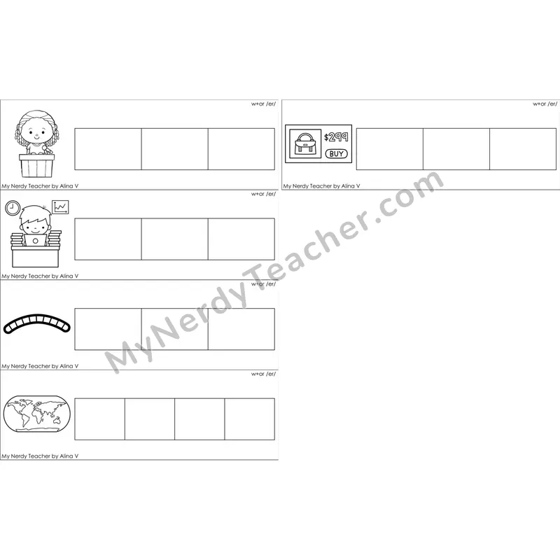 w + or (R-Controlled /er/) Blending and Segmenting Clip Cards (Black and White)
