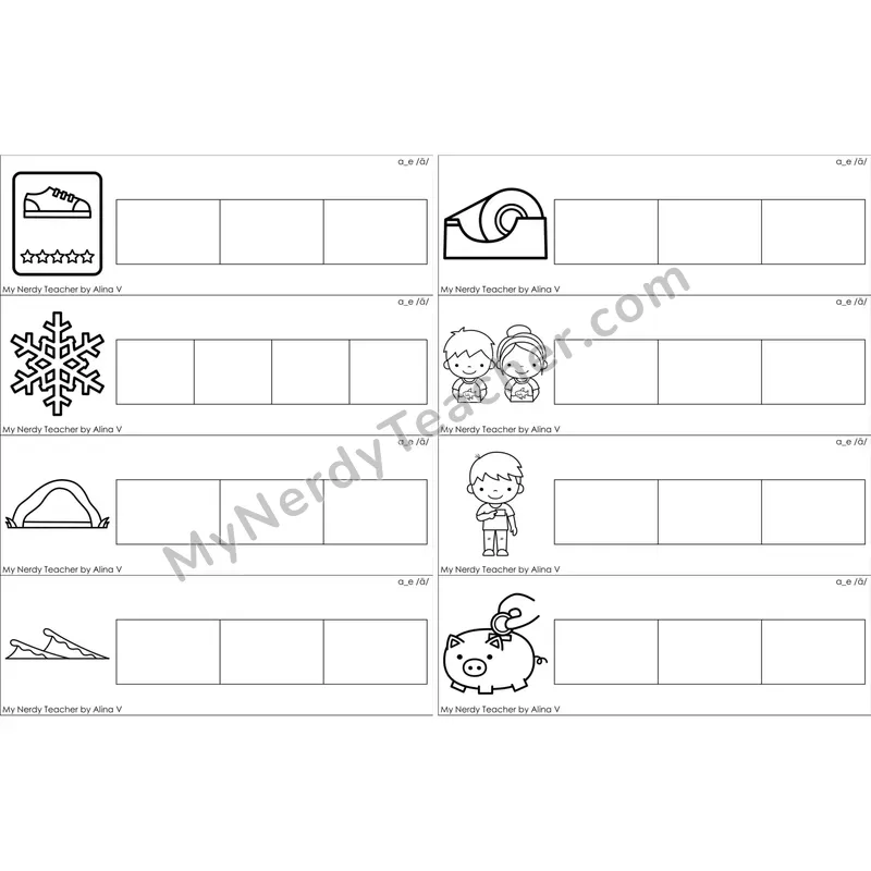 a_e (Long A VCe) Blending and Segmenting Clip Cards (Black and White)