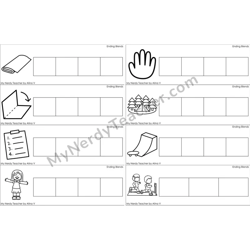 Ending Blends Blending and Segmenting Clip Cards (Black and White)