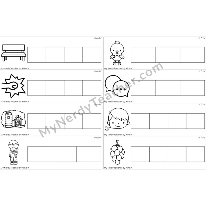 ch Digraph Blending and Segmenting Clip Cards (Black and White)