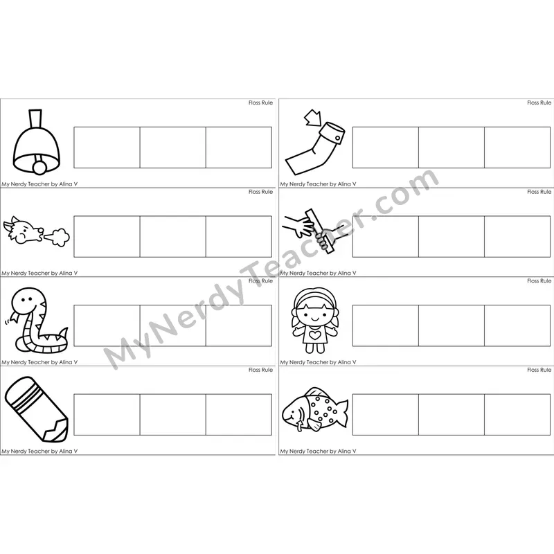 Floss Rule (ff, ll, ss, zz) Blending and Segmenting Clip Cards (Black and White)