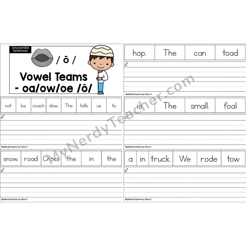 oa, ow, oe Vowel Team Blending and Segmenting Clip Cards (Color)