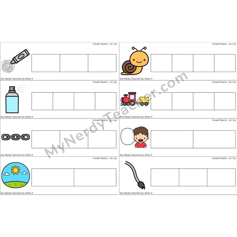 ai, ay Vowel Team Blending and Segmenting Clip Cards (Color)
