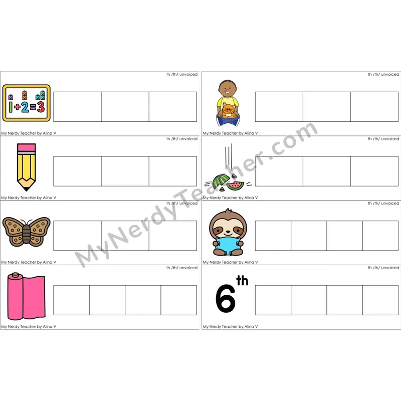 Unvoiced th Digraph Blending and Segmenting Clip Cards (Color)