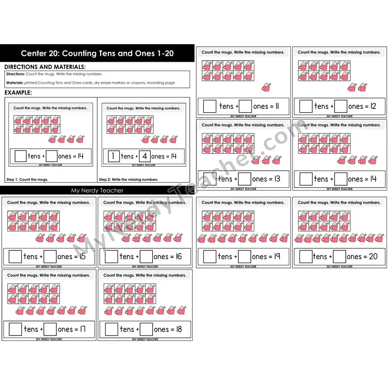 Morning Bins: Counting Tens and Ones to 20 Place Value Cards — Winter Mugs