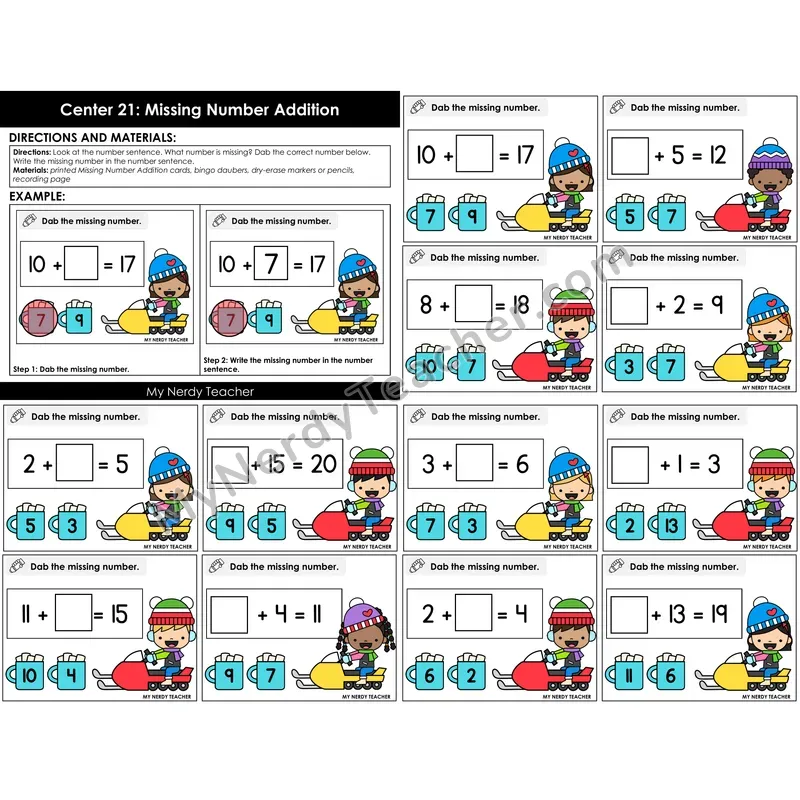 Morning Bins: Missing Addend Addition to 20 Task Cards — Winter Theme