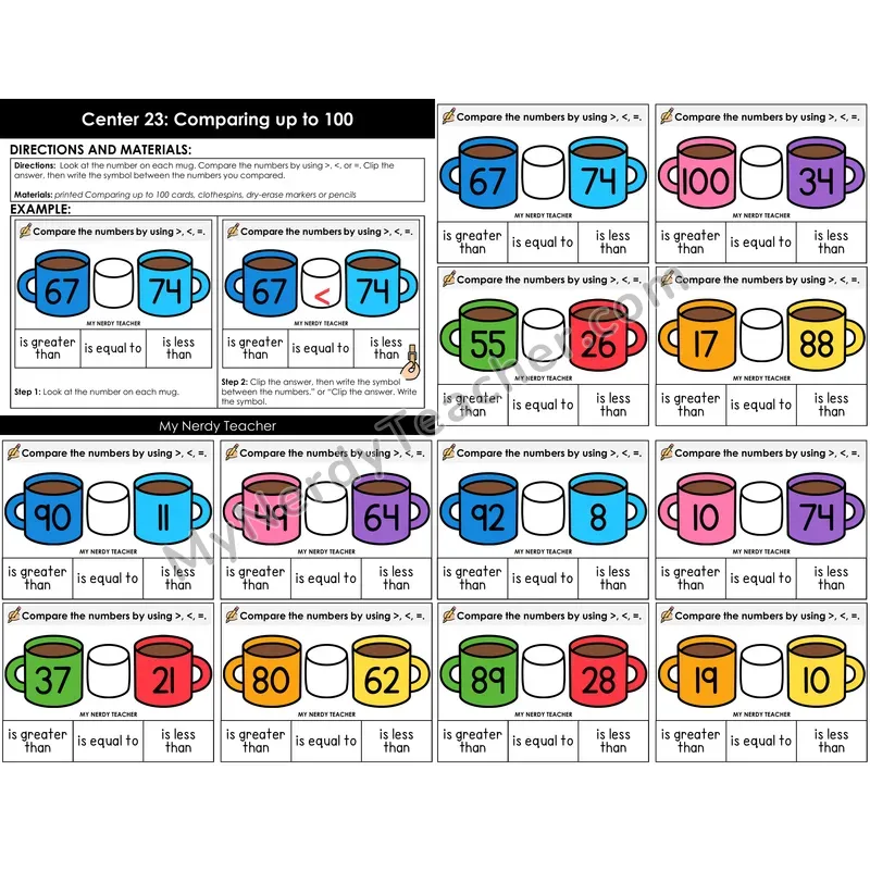 Morning Bins: Comparing Numbers up to 100 Clip Cards — Winter Mugs
