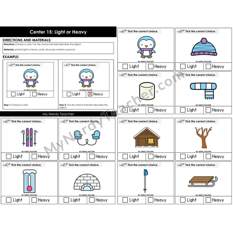 Morning Bins: Light or Heavy Measurement Sort — Winter Theme