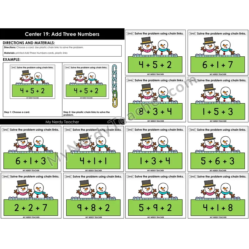 Morning Bins: Adding Three Numbers Task Cards — Winter Snowman Theme