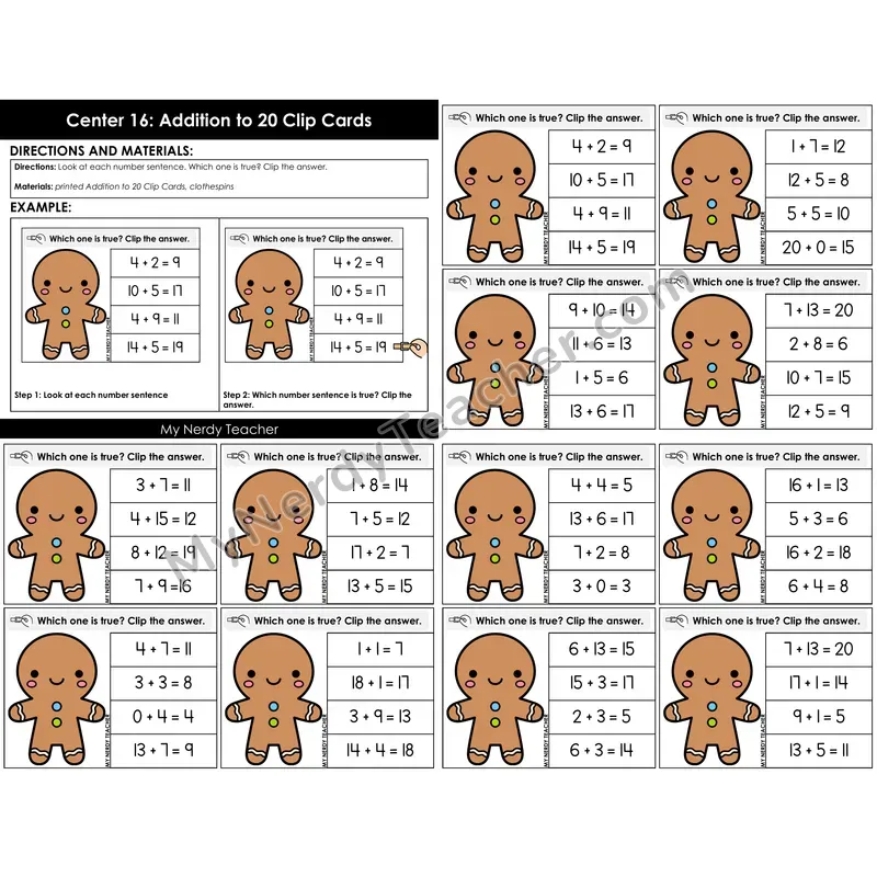 Morning Bins: Addition to 20 True or False Clip Cards — Winter Gingerbread