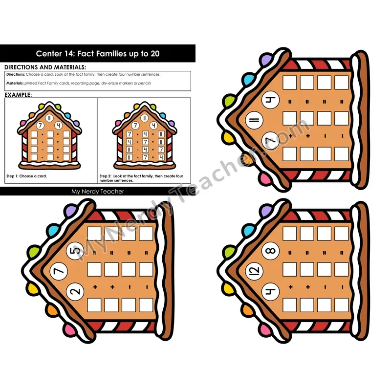 Morning Bins: Fact Families within 20 Task Cards — Winter Gingerbread Houses