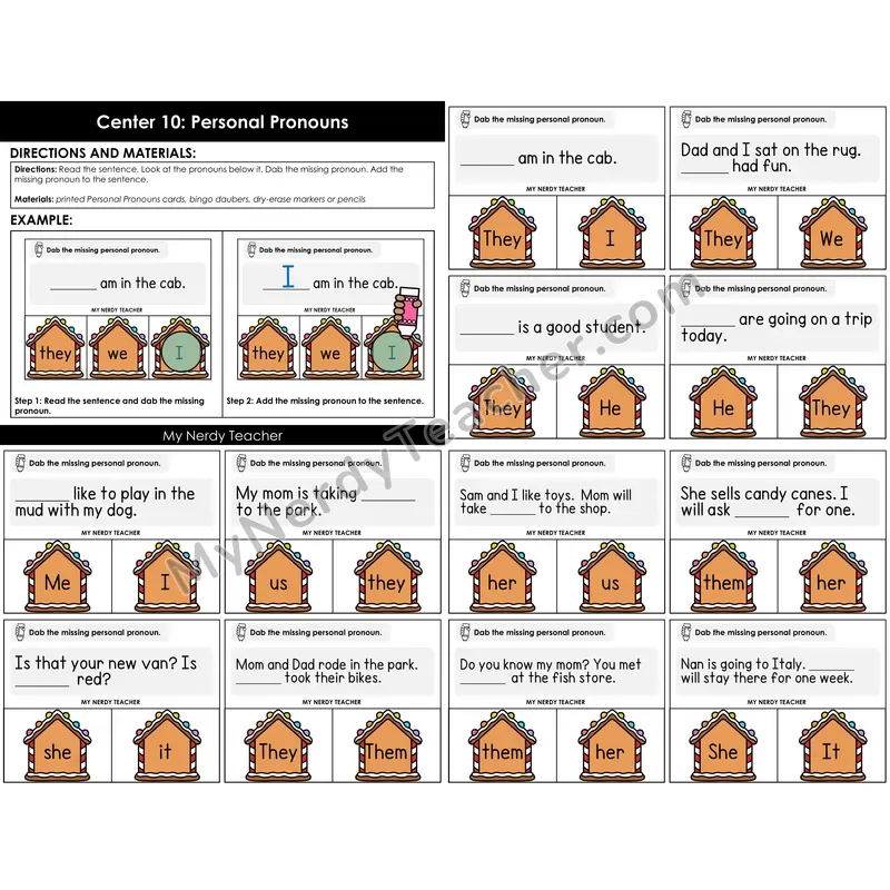 Morning Bins: Personal Pronouns Grammar Cards — Winter Gingerbread Theme