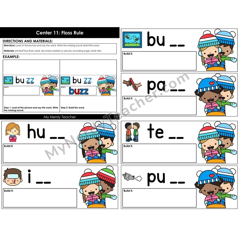 Morning Bins: Floss Rule Spelling Cards — Winter Theme (ff, ll, ss, zz)