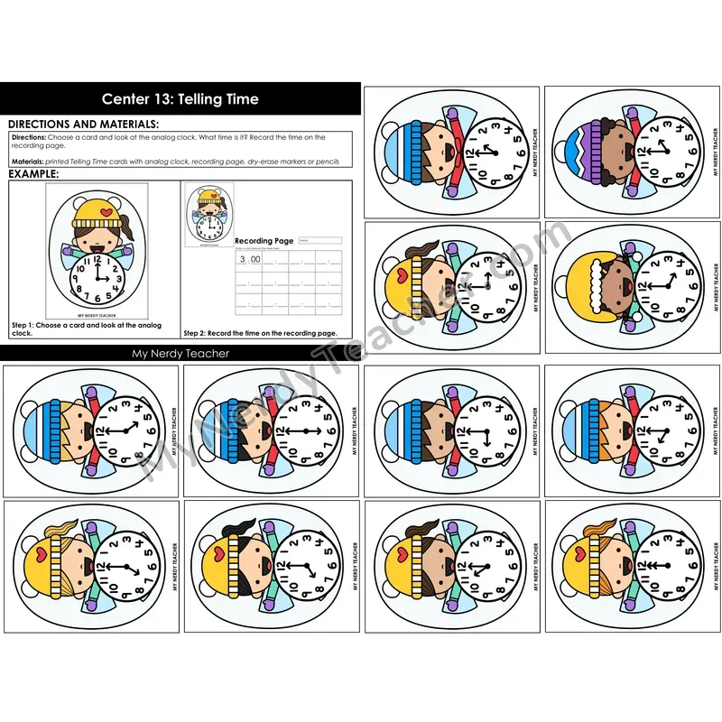 Morning Bins: Telling Time to the Hour Task Cards — Winter Theme